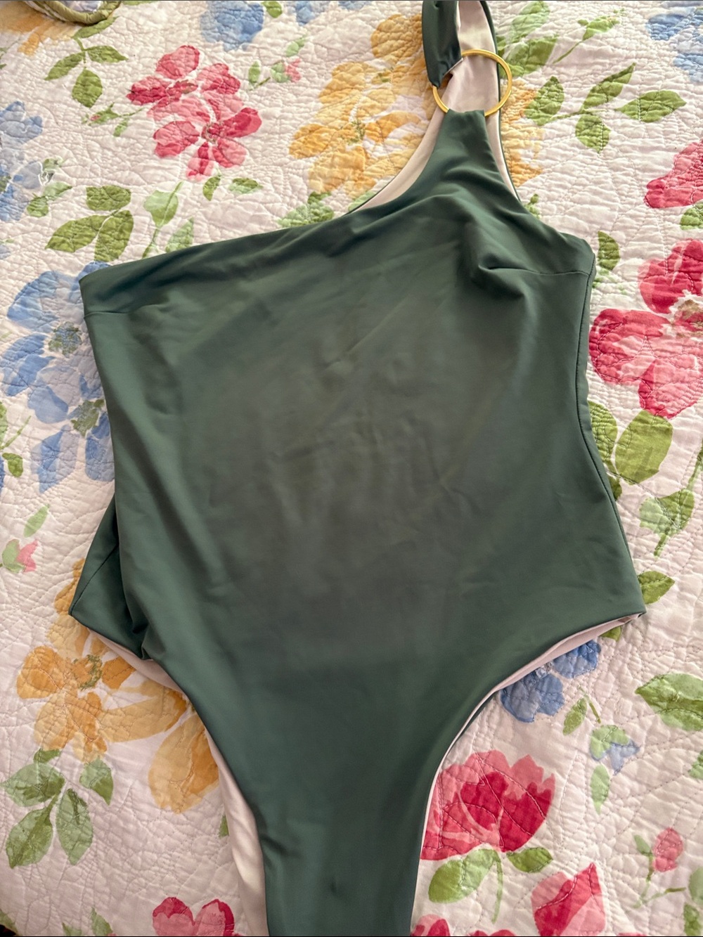 Anthropologie Olive Green One-Shoulder Swimsuit with Gold Ring